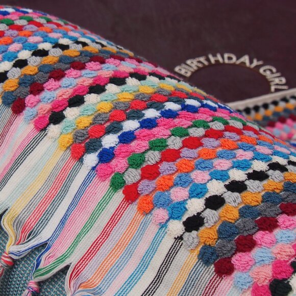 Large Rainbow Double Sided Multi Color Pom Pom Colorful Turkish Beach Bath Towel - Picture 8 of 9